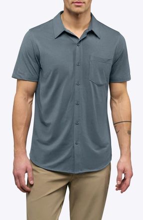 Cuts AO Curved Hem Short Sleeve Button-Up Shirt in Ocean Storm at Nordstrom, Size Xx-Large