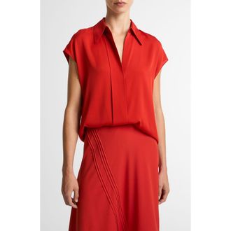 Vince Cap Sleeve Stretch Silk Button-Up Shirt in Poppy at Nordstrom, Size Xx-Small