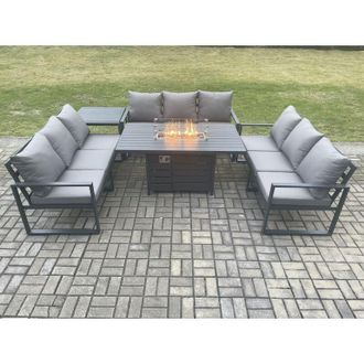Fimous Aluminium 9 Seater Garden Furniture Outdoor Set Patio Lounge Sofa Gas Fire Pit Dining Table Set with Side Table Dark Grey - Fimous