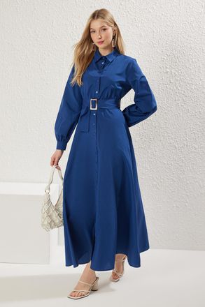 Trendyol Modest Dames Blauw Effen Maxi Lang Zakelijk Blousejurk Modest Jurken