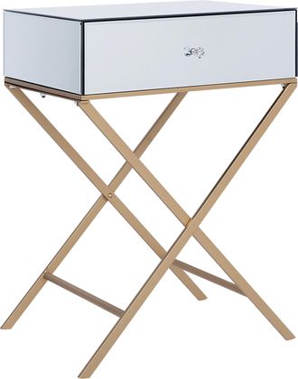 Beliani Beliani - Mesa Auxiliar Con Tablero Espejado Plateado Patas De Metal Dorado 50 X 40 Cm Estilo Glamour Moderno Con 1 Caj&oacute;n Vivy