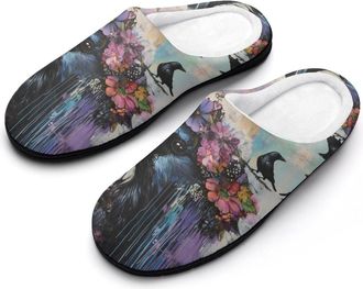 Generic Raven Crow Floral Watercolor Womens Cotton Slipper Comfortable Cozy Plush Slippers Anti-Skid Indoor House Closed Toe Shoes