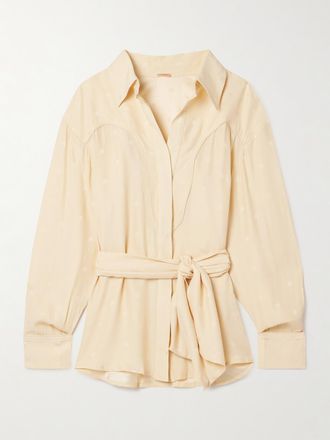 Johanna Ortiz + Net Sustain Camicia In Crêpe De Chine Di Seta Ricamata Con Cintura Bonanza - Ecru