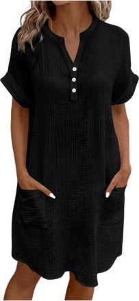 Generic Cotton Linen Dress with Pockets, Casual T Shirt Dresses, V Neck Short Sleeve Dresses Button Midi Dress Loose Waist Sundresses Casual Loose Style Summe