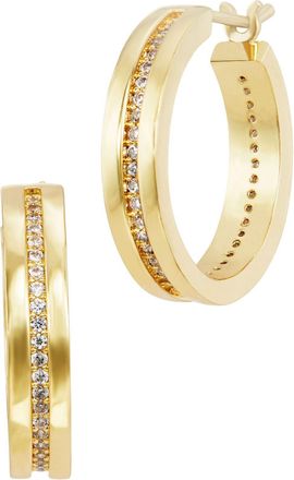 Savvy Cie Jewels 14K GOLD PLATED OVER BRASS WHITE CZ WIDE HOOP EARRINGS