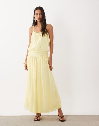 Asos vestito maxi in chiffon con vita scesa color buttermilk-Giallo
