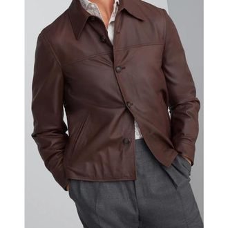 Brunello Cucinelli Coffee Leather Button-Up Jacket, Size Large
