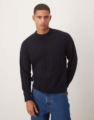 Asos Maglione girocollo blu navy scuro a coste oversize in lana dagnello