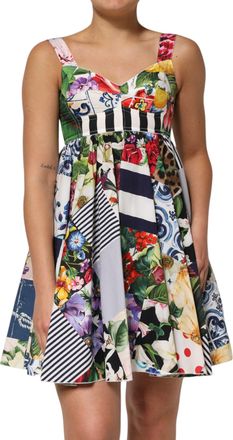 Dolce & Gabbana Womens Multicolor Patchwork Cotton Alinemini Dress Nylon Elastane