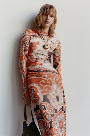 Farm Rio Long-Sleeve Mock-Neck Mesh Slim Midi Dress