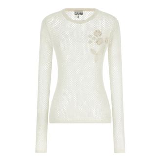 Ganni Truien & Vesten, Dames, Wit, M, Katoen, Cotton Mesh Pointelle Sweater