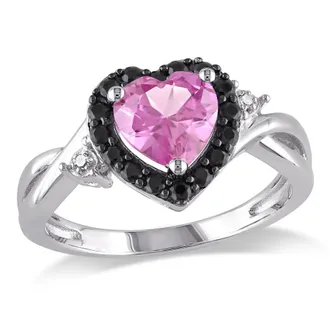 Amour Created Pink Sapphire, Black Spinel and Diamond Heart Ring In Sterling Silver