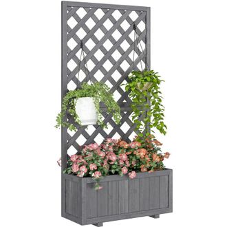 OUTSUNNY Flower Stand Plant Shelf Outdoor Pine w/ Trough Planter Grey
