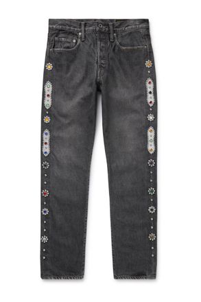 KAPITAL Monkey CISCO Straight-Leg Embellished Leather-Trimmed Jeans