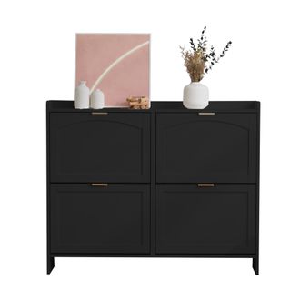 STILVORA Mueble Zapatero Con 4 Compartimentos Abatibles Y Estantes Abiertos, Antivuelco, Dise&ntilde;o Arqueado, De Tablero De Part&iacute;culas, Negro, 110&times;24&times;90 Cm