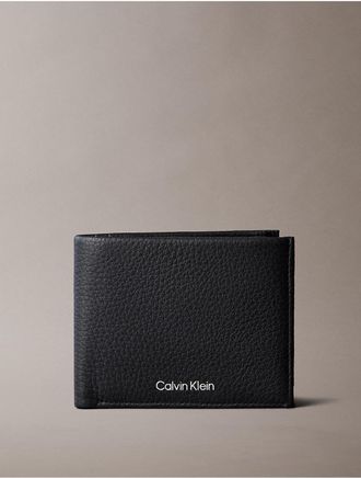 Calvin Klein Mens Pebble Grain Leather Bifold Wallet with Coin Pouch - Black
