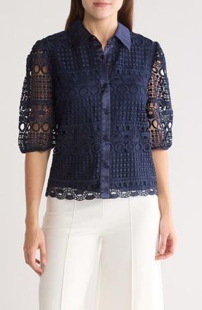 By Design Brianna Lace Puff Sleeve Button-Up Top in Navy at Nordstrom Rack, Size X-Small