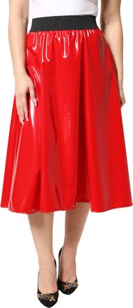 Dolce & Gabbana Glossy Red Polyester High Waist Midi Womens Skirt