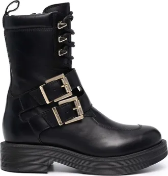 Love Moschino Black Leather Lace-Up Metallic Buckle Boots