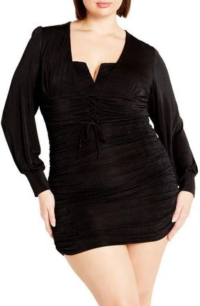 City Chic Maren Long Sleeve Lace-Up Crop Top in Black at Nordstrom, Size Xl