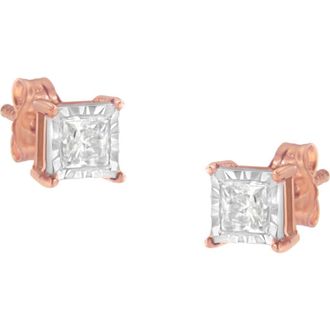 House of Brilliance 14K Rose Gold Plated Silver 1/2 Ct Princess Diamond Solitaire Stud Earrings in White at Nordstrom