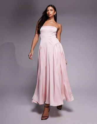 Asos Vestito da cerimonia rosa con spalline sottili, gonna al polpaccio, dettagli allacciati e vita scesa