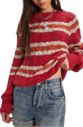 Free People Frankie Stripe Cable Stitch Cotton Sweater in Red Combo at Nordstrom, Size X-Small