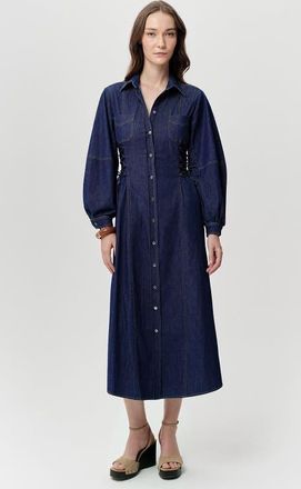 Exquise Arnaude Side Tie Long Sleeve Midi Dress in Blue at Nordstrom, Size X-Small