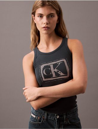 Calvin Klein Jeans Calvin Klein Womens Cotton Contour Rib Logo Graphic Tank - Grey - XS