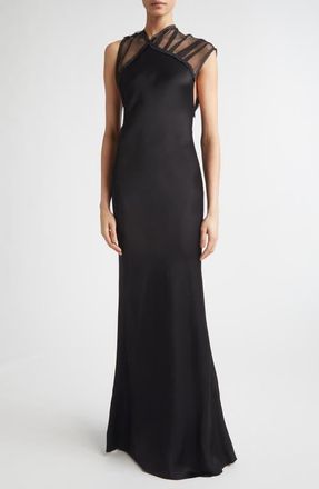 Victoria Beckham Asymmetric Mesh Trim Trumpet Gown in Black at Nordstrom, Size 6