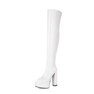 Generic Womens Over-The-Knee Platform Boots Chunky Block Heels Patent Upper Side Zipper Round Toe Bold Silhouette Soft Lining Cushioned Insole Durable Outsole
