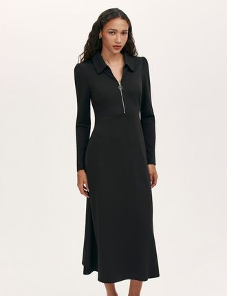 Finery Elvira Ponte Jersey Zip Front Midi Dress in Black at Nordstrom, Size 16P