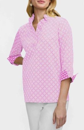 Foxcroft Tammy Geo Lattice Print Ruffle Collar Top in Pink/White at Nordstrom, Size X-Small P