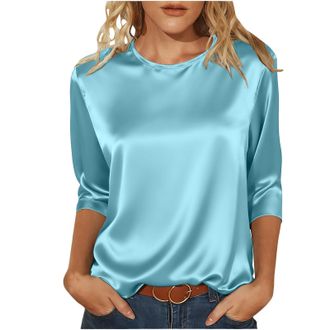 Generic Satin Tops for Women Elegant Going out Tops Crew Neck 3/4 Sleeve Silk Blouse Ladies Tshirts Shiny Baggy Fashion Tunic Top Casaul Loose Party Business 