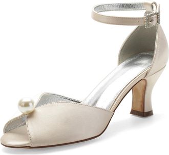 Generic Low Heels Wedding Open Toe Kitten Heel Sandals Heels Wedding Shoes Bridal Shoes Satin Prom Party Dress High Heel 6.5Cm,Champagne,10 UK
