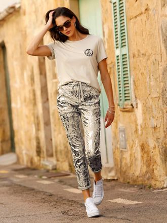 Heine T-Shirt HEINE Shirt, Damen, Gr. 34, sand, 50% Baumwolle, 50% Modal, bedruckt, gemustert, mehrfarbig, Rundhals, Shirts T-Shirt