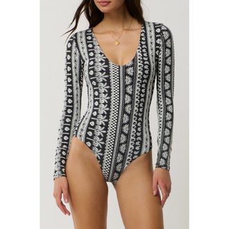 Rip Curl Samba Stripe Long Sleeve Swimsuit in Black at Nordstrom, Size Xx-Small