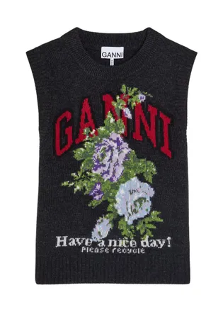 Ganni Floral-intarsia Wool-blend Vest - Black - S (UK8-10 / S)
