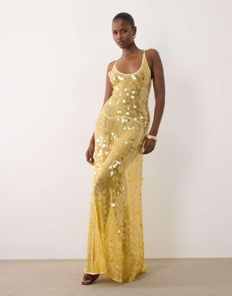 Asos Vestito lungo giallo con scollo a barchetta e paillettes