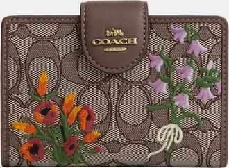 Coach Womens Medium Corner Zip Wallet In Signature Jacquard With Floral Embroidery - Brown - One Size