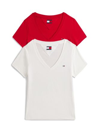 Tommy Jeans T-Shirt TOMMY JEANS TJW 2PACK V-NECK TEE, Damen, Gr. XL (42), beige (ecru, sapphire rot), Jersey, Obermaterial: 100% Baumwolle, gestreift, regular fit