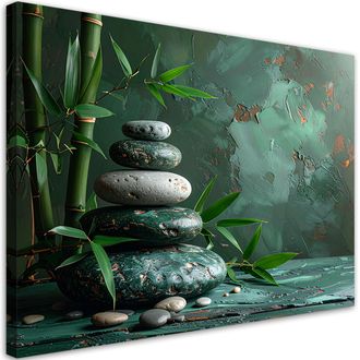 Feeby Cuadro Sobre Lienzo, Piedras Zen Spa Hojas De Bamb&uacute; Verdes, 120x80