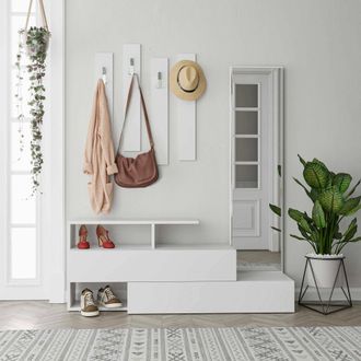 Dmora Mueble De Entrada Ofel, Espejo Incluido, 4 Estantes, Perchero, 137x35x55h Cm Blanco
