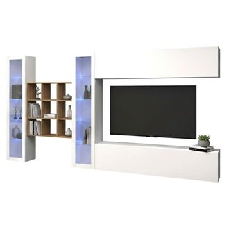 Dmora Dmora - Pared Equipada Dfancon, Conjunto De Sal&oacute;n Mueble Tv Con 4 Puertas, Mueble De Sal&oacute;n Polivalente Con Vitrina Y Luz Led, 100% Made In Italy, Cm 3