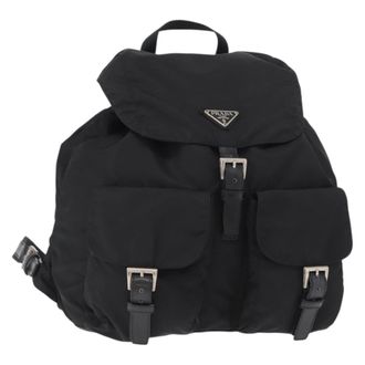 Prada Vela Double Front Pocket Backpack Tessuto With Saffiano Leather Black Nylon Backpack Bag (Pre-Owned)