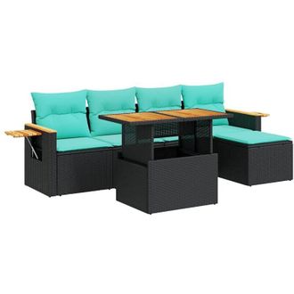 vidaXL 6 Piece Garden Sofa Set with Cushions Black Poly Rattan Acacia vidaXL