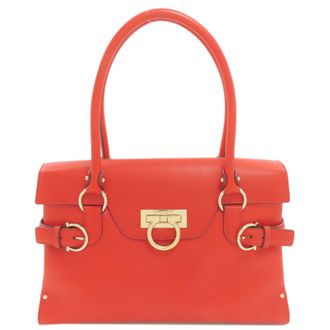 Ferragamo Gancini Red Color Leather Tote Bag (Pre-Owned)