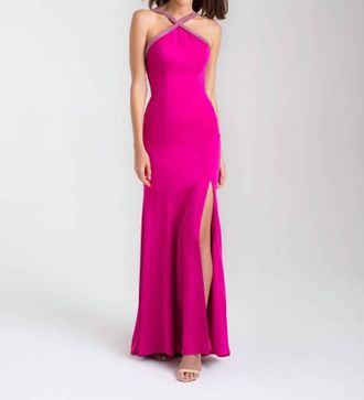 Madison James Sparkling Straps Gown In Fuschia