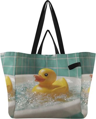 Generic Yellow Bubble Duck pattern Reusable Canvas Tote Bag, Heavy Duty Grocery Shopping Bag with Hard Bottom Large Capacity Double Handles Work Groceries Tra