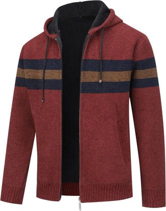 AlltheMen Mens Hooded Cardigan Fleece Lined Knitted Cardigan Casual Full Zip Sweater Thick Winter Coat 8750 Wine Red XXL